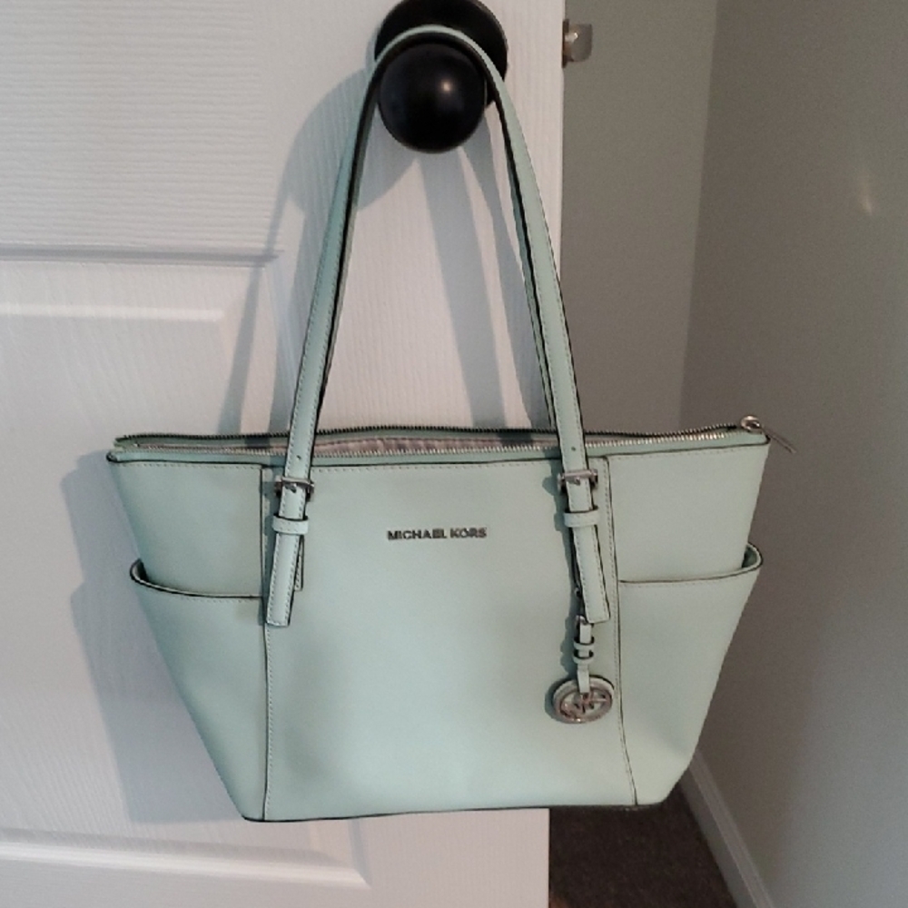 Michael Kors Mint Leather Shoulder Tote with Logo Charm